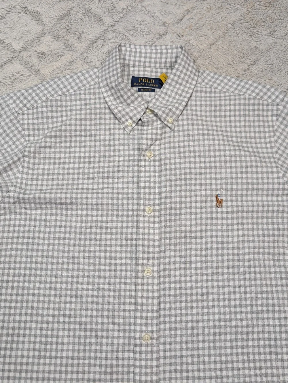 Polo Ralph Lauren Shirt Mens L Gray Gingham Check Oxford Classic Fit Cotton